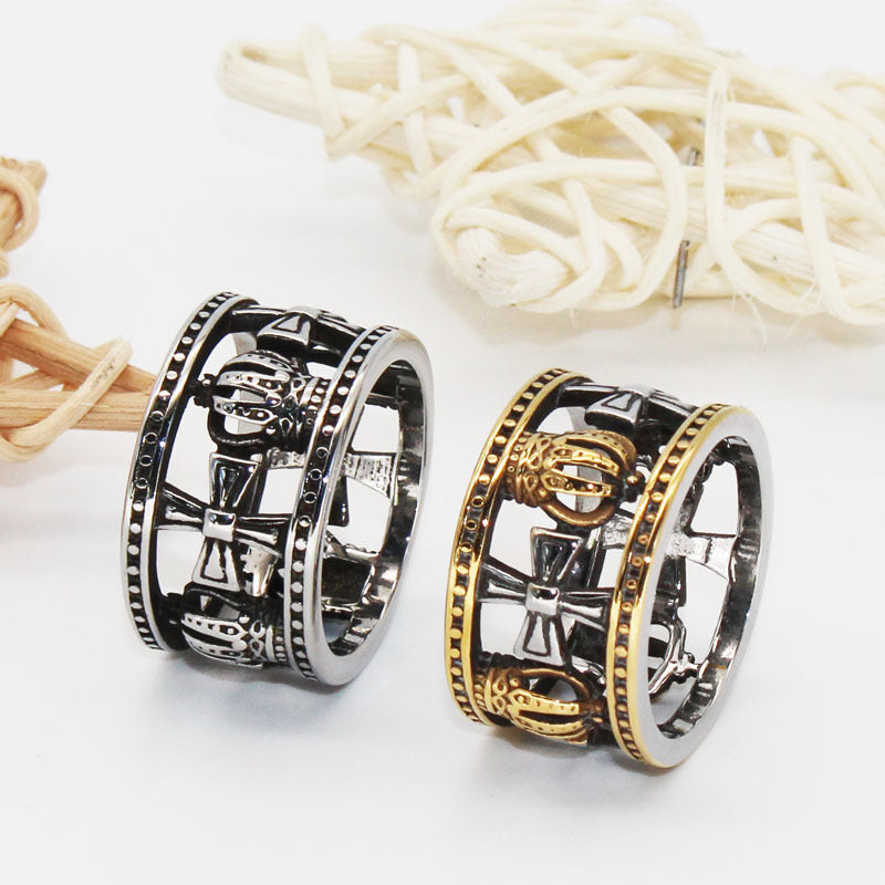Wholesale Vintage crown cross ring two-tone titanium steel ring simple