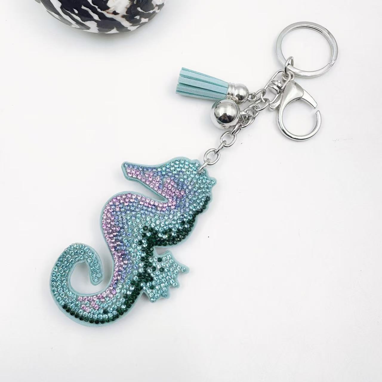 Wholesale 12pcs Seahorse Keychain Leather Tassel Ocean Crystal Gemstone Diamond Key