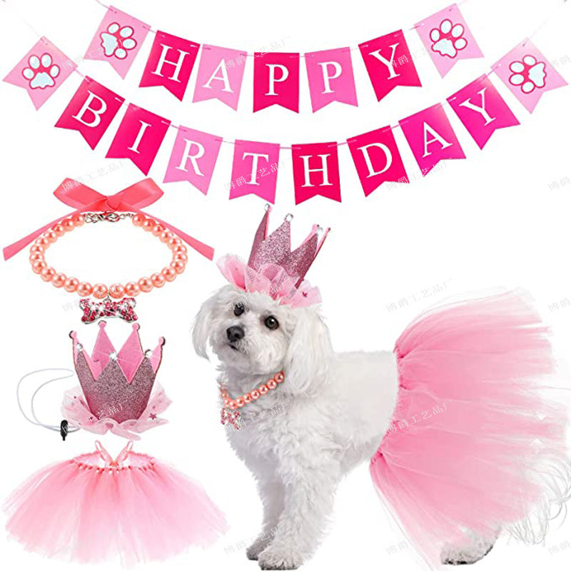 Wholesale Pet Dog Birthday Party Tulle Skirt Bone Necklace Crown Set