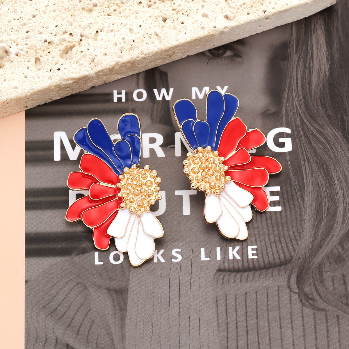 Wholesale Alloy Drops Oil Flowers Independence Day Enamel Leaf Flowers Earrings
