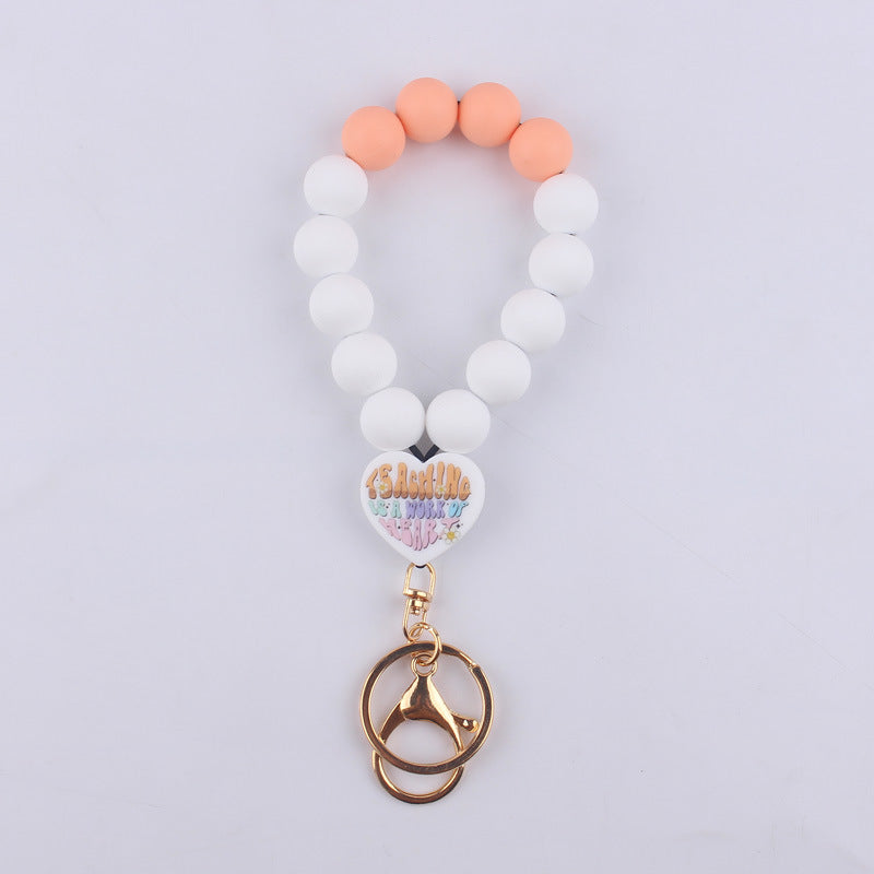Wholesale Cartoon Love Printed Silicone Beaded Wrist Keychain