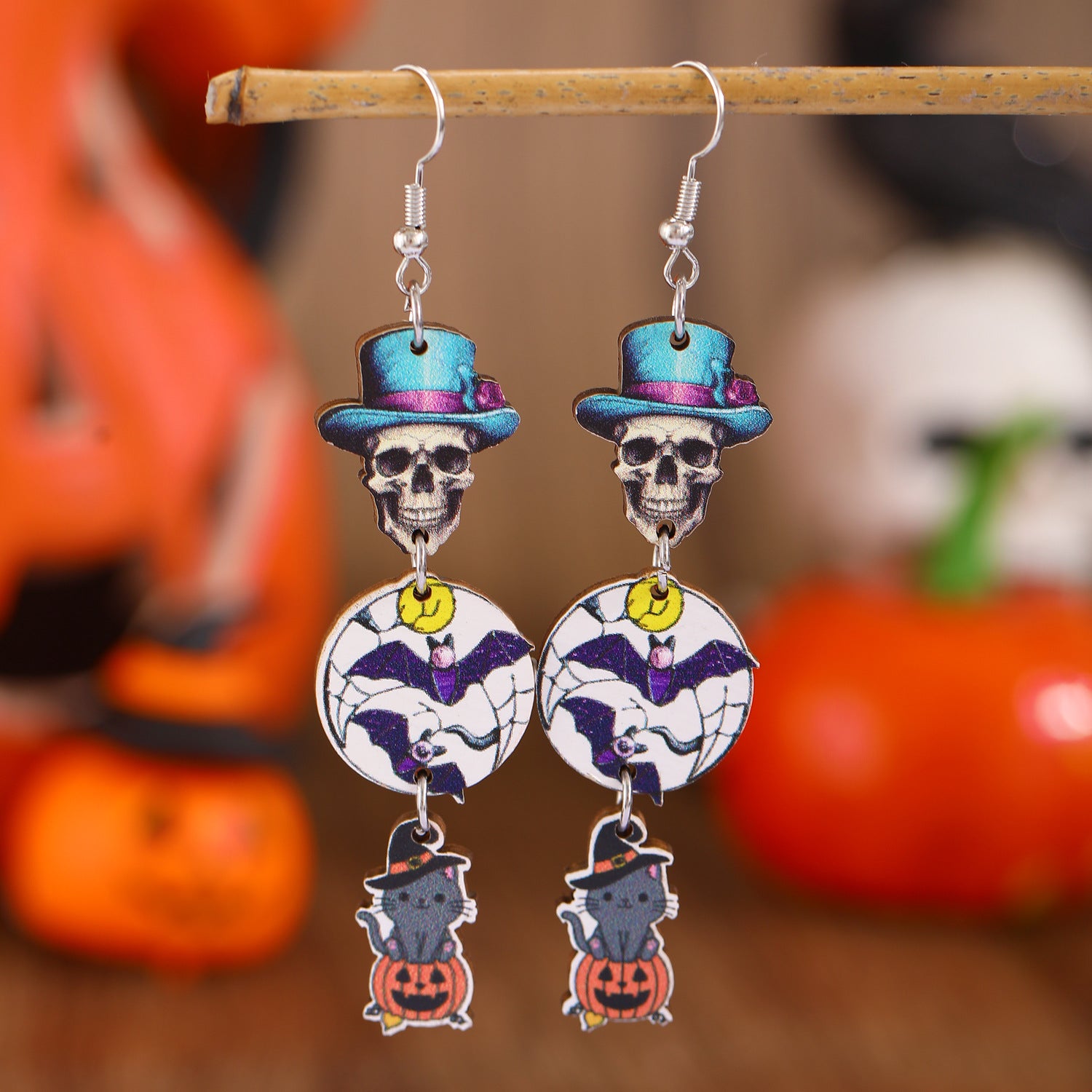 Wholesale Halloween Printed Colorful Pumpkin Skull Ghost Gift Creative Splicing Wooden Earrings