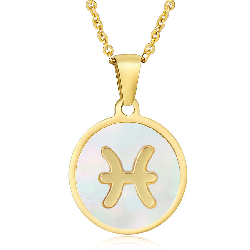 Wholesale Titanium Steel Circular Shell Twelve Constellation Necklaces