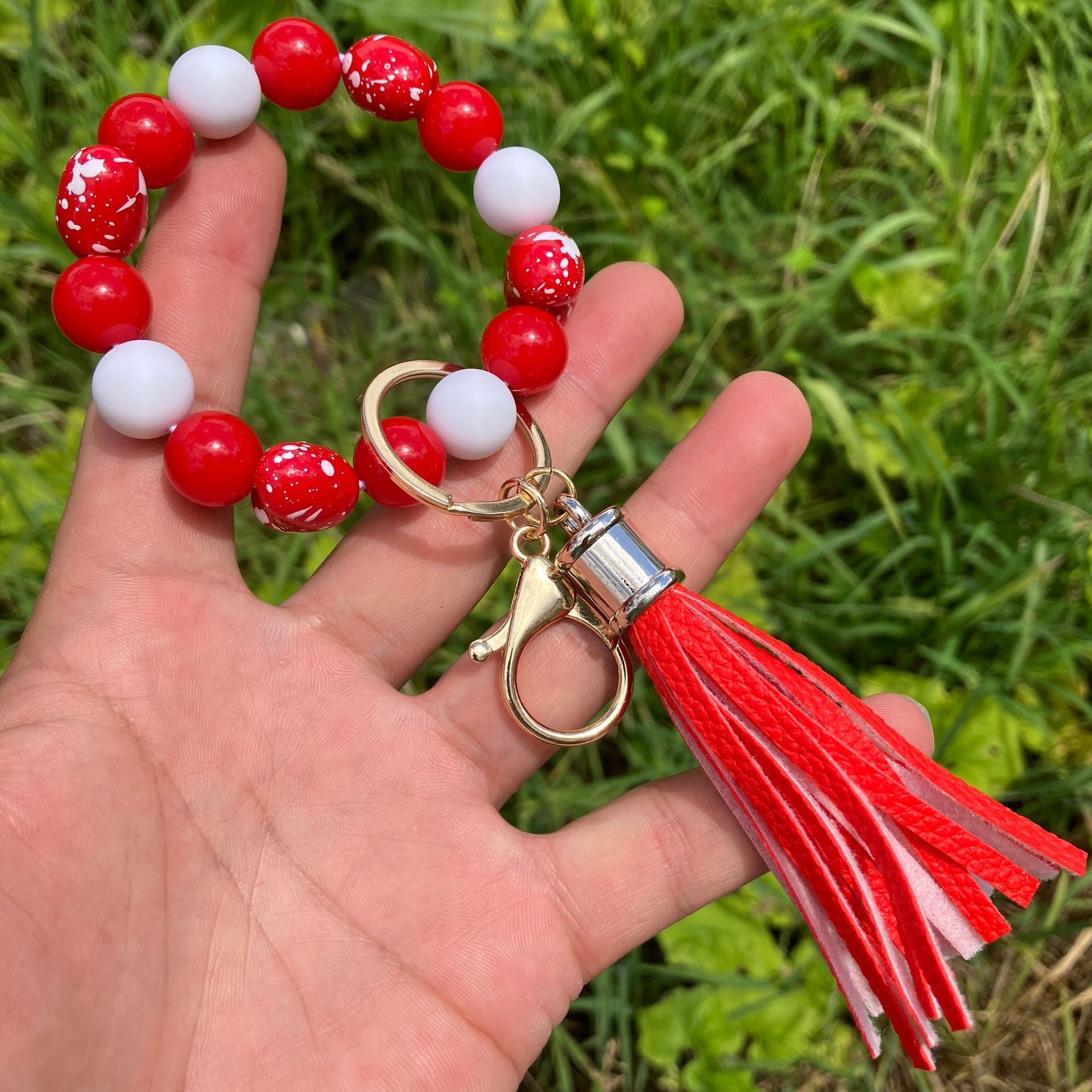 Wholesale Colorful Beaded Heart Printed Tassel Bracelet Keychain