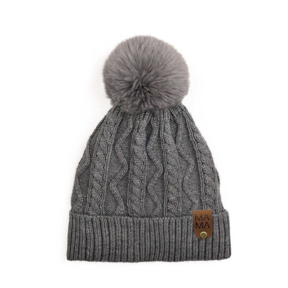 Wholesale Autumn and Winter Fleece Leather Label MINI Double Wool Ball Outdoor Warm Detachable Knitted Hat