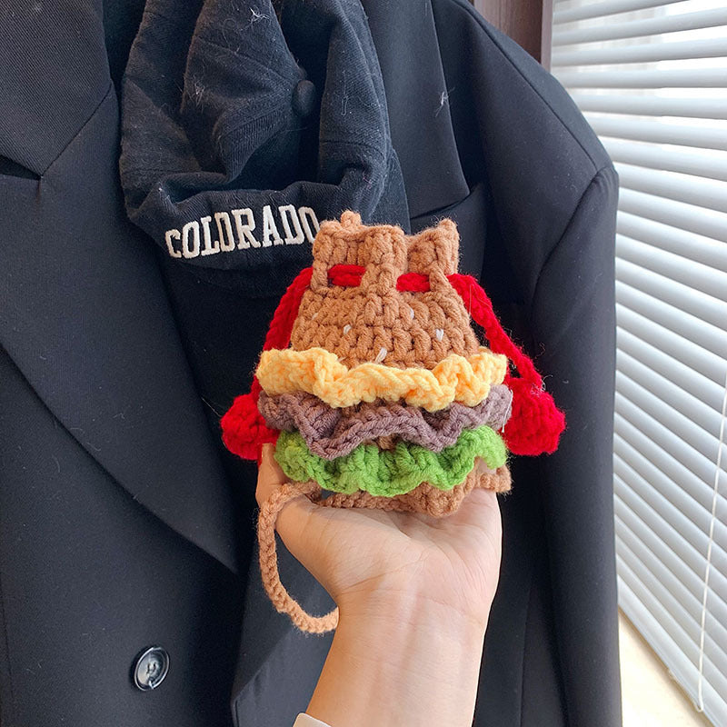 Wholesale Hamburger Woolen Bag Hand-knitted Drawstring Headphone Lipstick Bag Children's Crossbody Bag