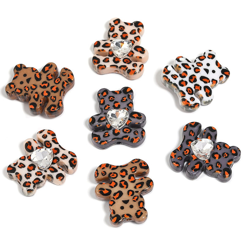 Wholesale 20pcs Autumn and Winter Leopard Print Hug Bear Acrylic Heart Sticker Diamond Teddy Bear DIY Beads