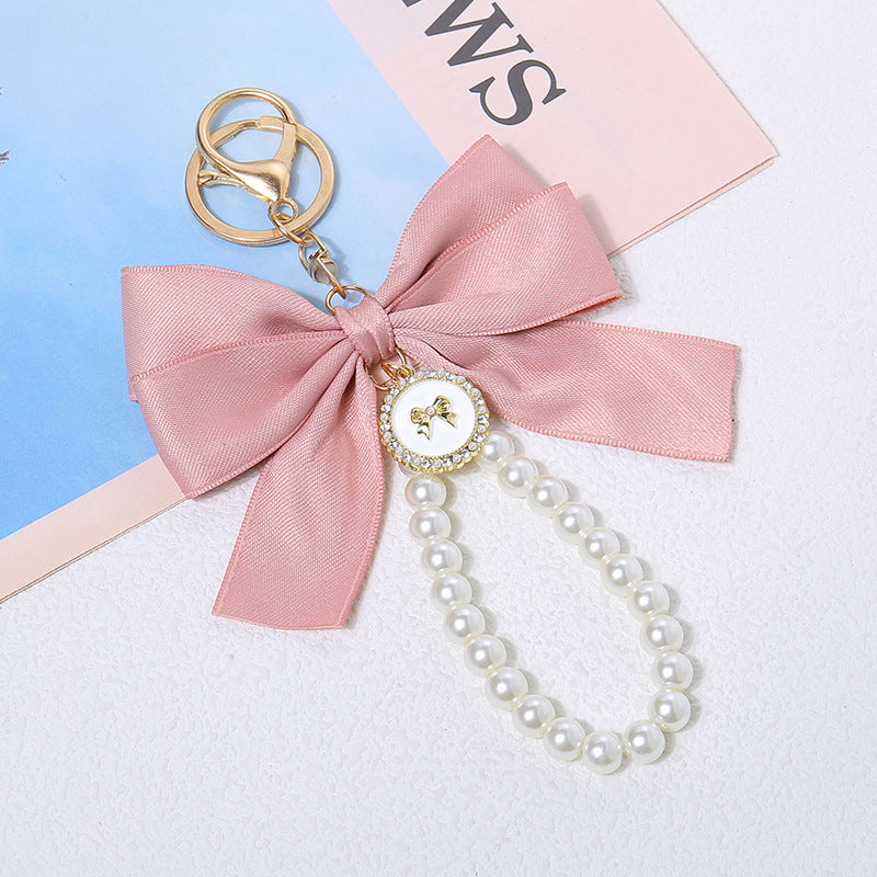 Wholesale New Large Pearl Bow Keychain Pendant Handmade Hair Accessories Ribbon Cloth Knot Accessories Headset Bag Decoration