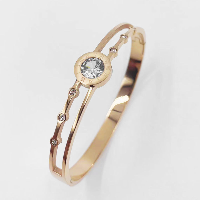 Wholesale Rose Gold Titanium Steel Double Hollow Roman Numeral Single Diamond Bracelet