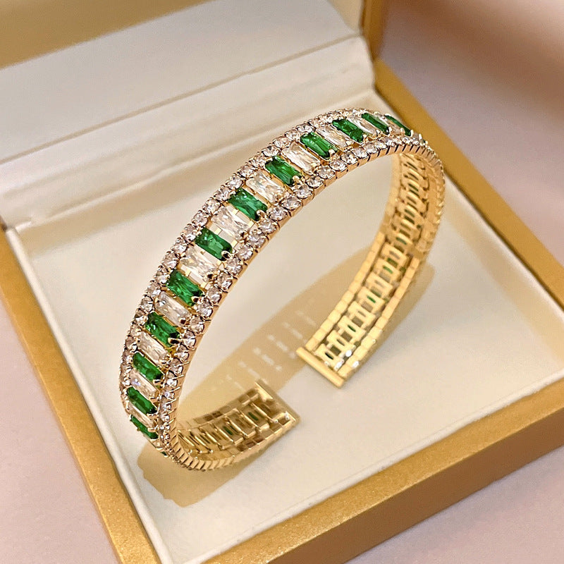 Wholesale Emerald Square Geometric Diamond Light Luxury Personality High-end Temperament Zircon Open Bracelet