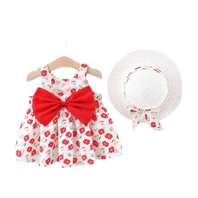 Wholesale Sweet Summer Cotton Baby Girl Dress With Big Bow And Floral Print Matching Straw Hat Included Party Gift For Toddlers