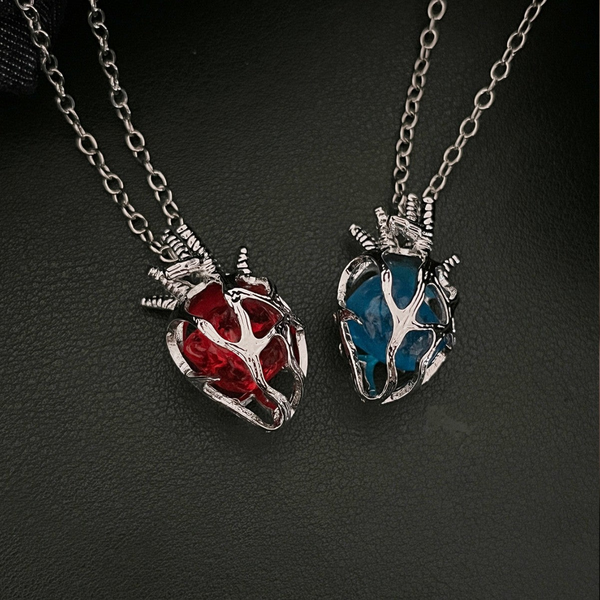 Wholesale Gothic dark style hollow heart red blue glass heart pendant necklace