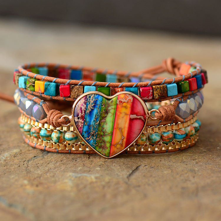 Wholesale Multi-Layer Woven Design Natural Emperor Stone Leather Bracelet