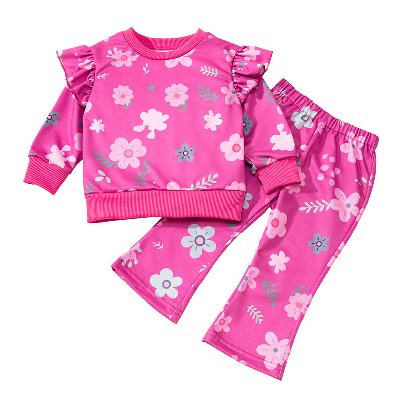 Wholesale Girls Korean Style Two Piece Sweatshirt And Flared Pants Set Long Sleeve Round Neck Autumn Winter Everyday Outfit