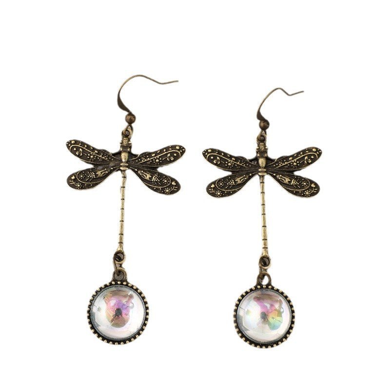 Wholesale Retro Dragonfly Stitching Colored Stone Bohemian Style Long Alloy Earrings
