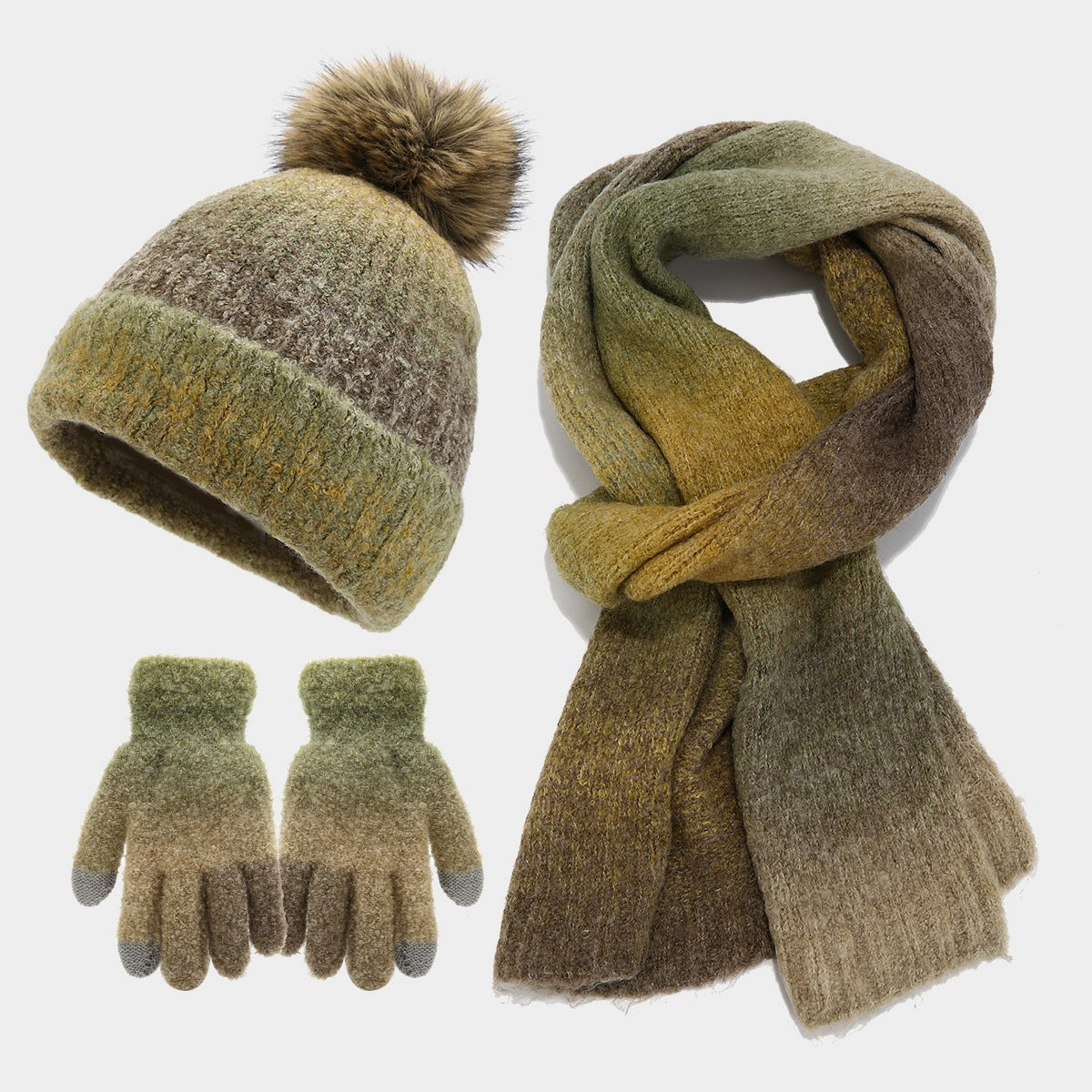 Wholesale Tie-dyed Wool Hat Scarf Gloves Three-piece Set Fashion Wool Ball Knitted Hat Set