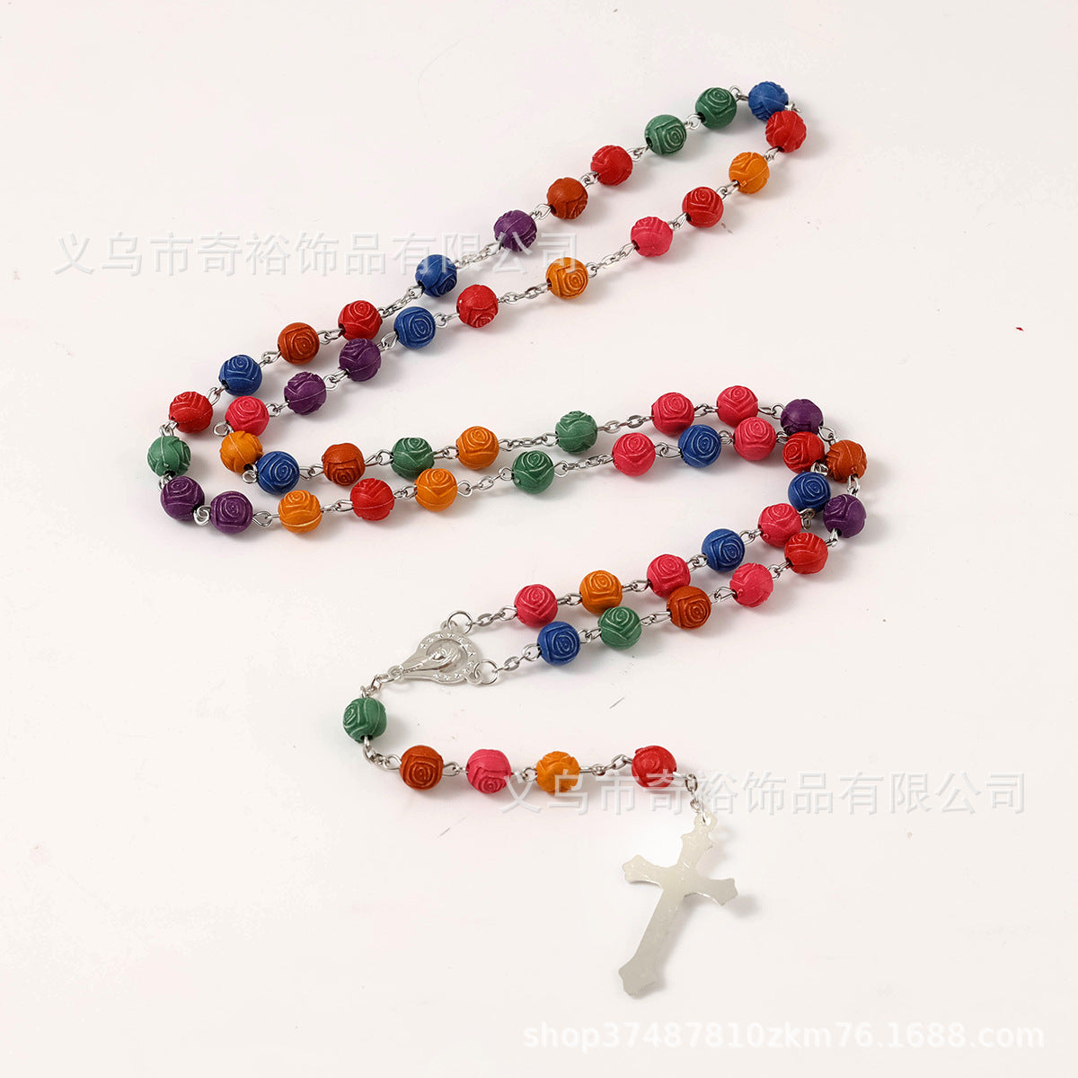 Wholesale 8mm mixed color rose bead cross rosary necklace