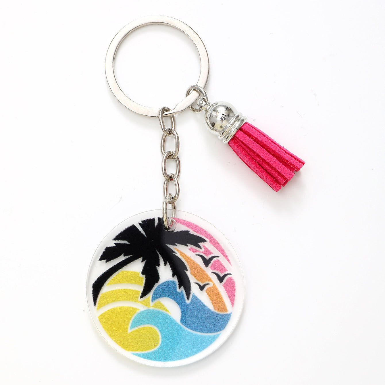 Wholesale Round Colorful Printed Coconut Tree Letters Acrylic Tassel Keychain