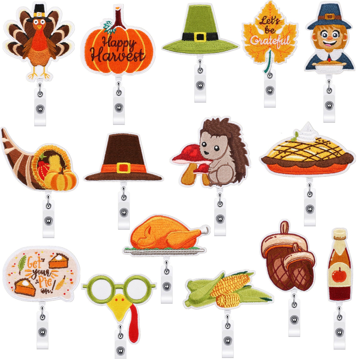 Wholesale Thanksgiving Embroidered Patch Set 15Pcs Pumpkin Hedgehog Maple Leaf Applique With Alligator Clip Polyester Stylish For Clothing
