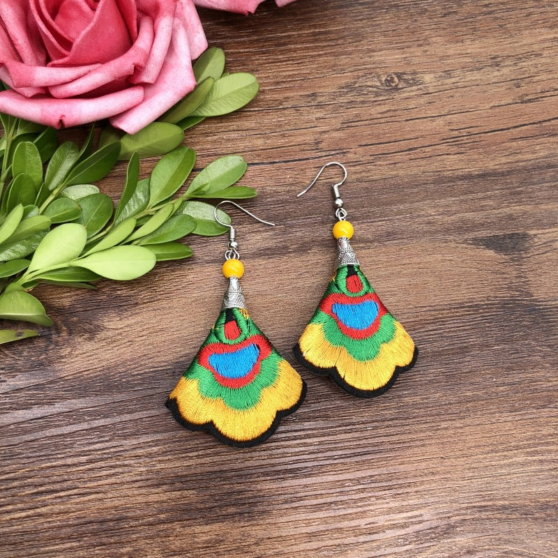 Wholesale Embroidered vintage fabric flower tassel earrings