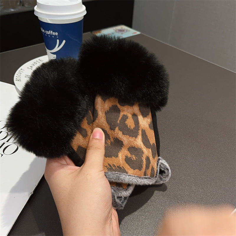Wholesale Suede Rabbit Hair Leopard Print Half Finger Gloves