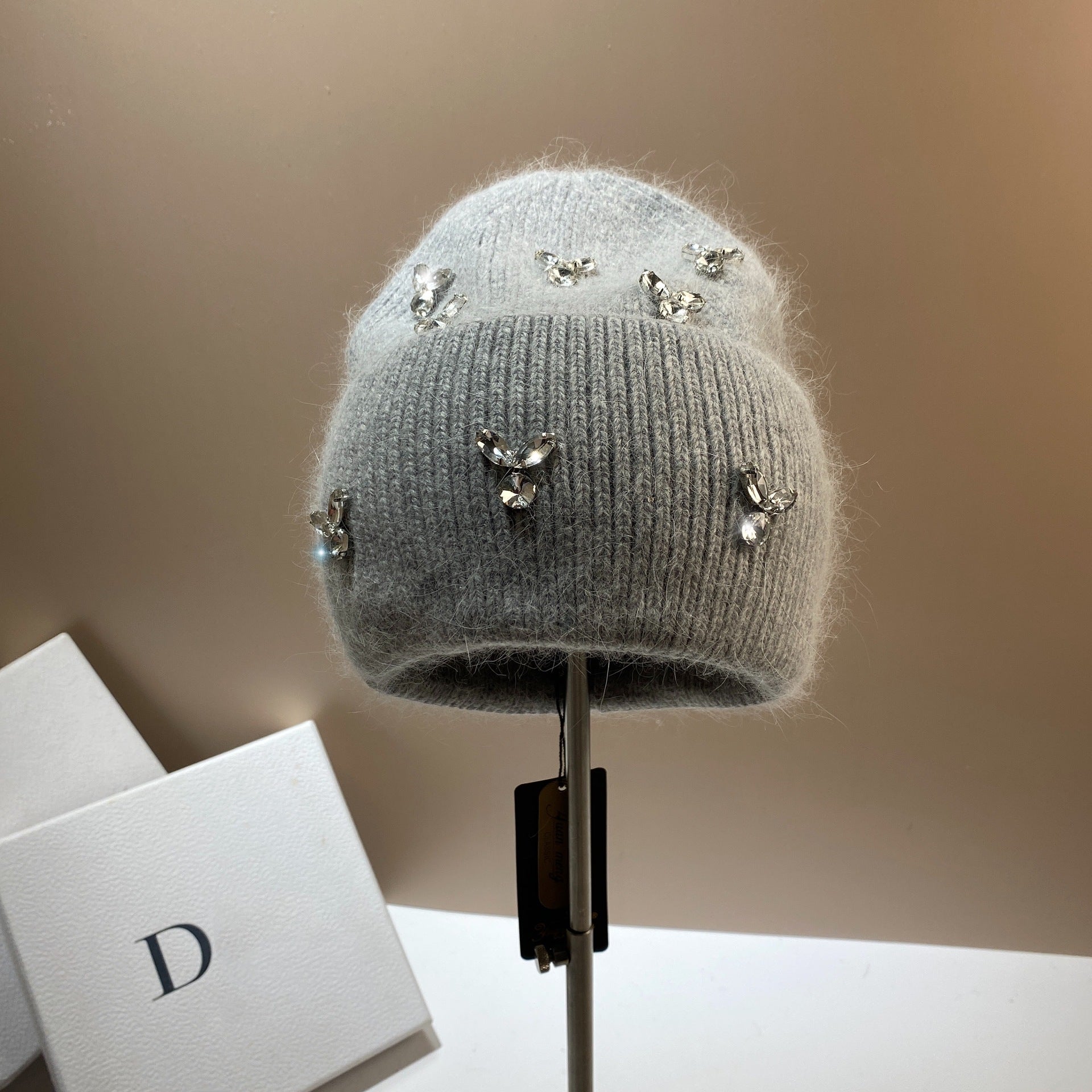 Wholesale Fashion Warm Rhinestone Rabbit Fur Double Folding Knitted Hat