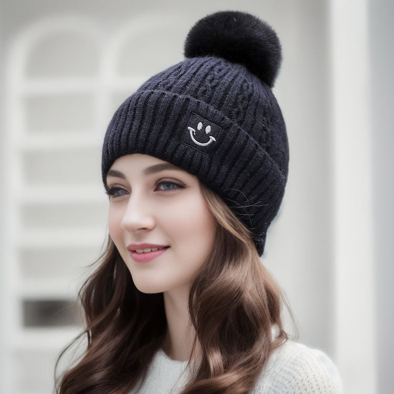 Wholesale Autumn/Winter Cute Versatile Plush Thickened Wool Ball Knitted Warm Ear Protector Hairline Hat