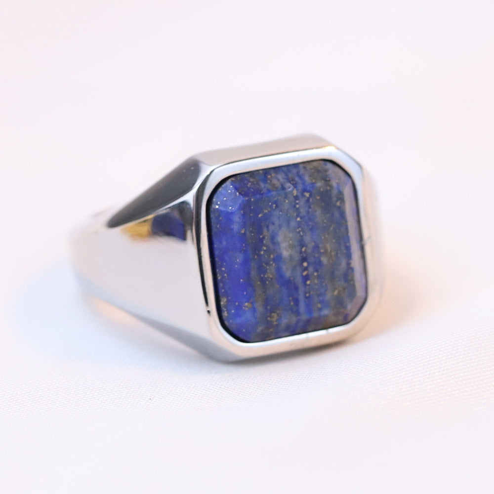 Wholesale Retro Geometric Square Inlaid Lapis Lazuli Titanium Steel Men's Rings
