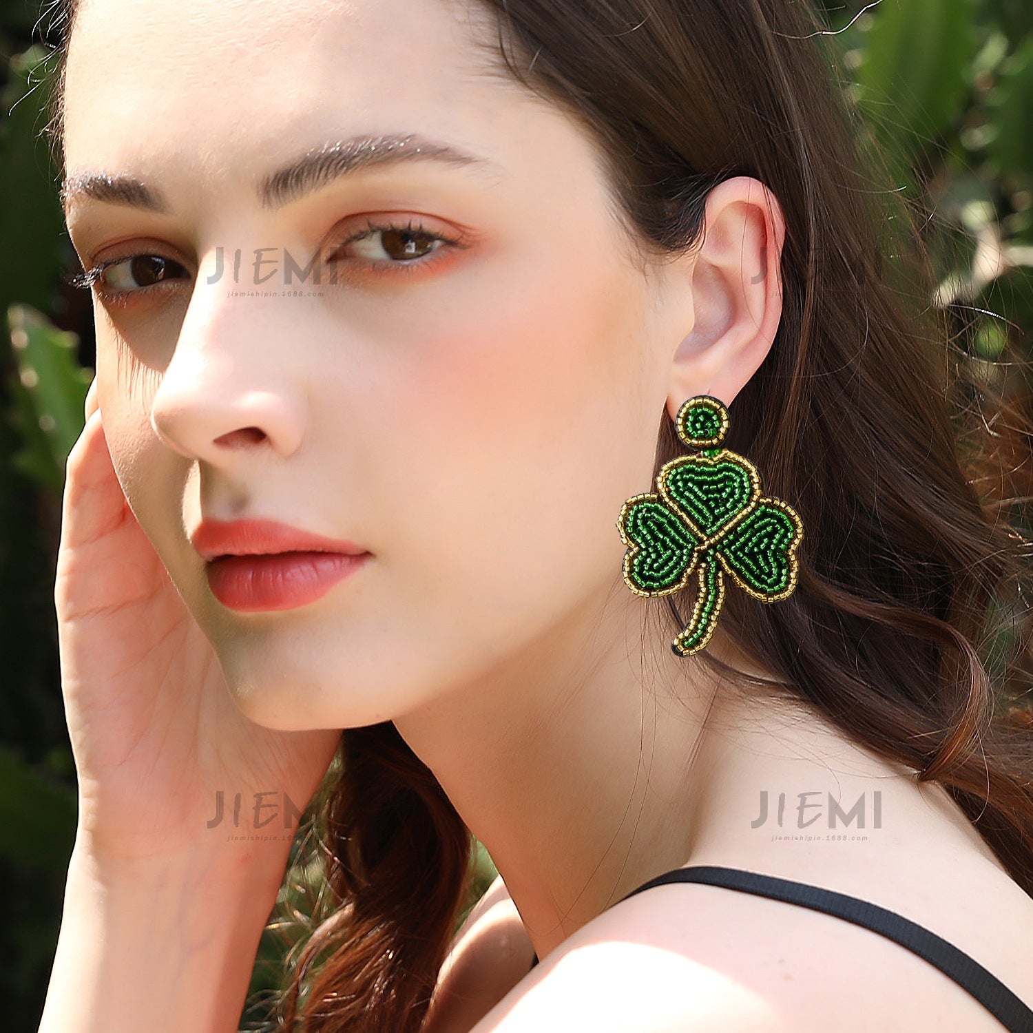 Wholesale St. Patrick's Day Green Shamrock Rice Beads Earrings