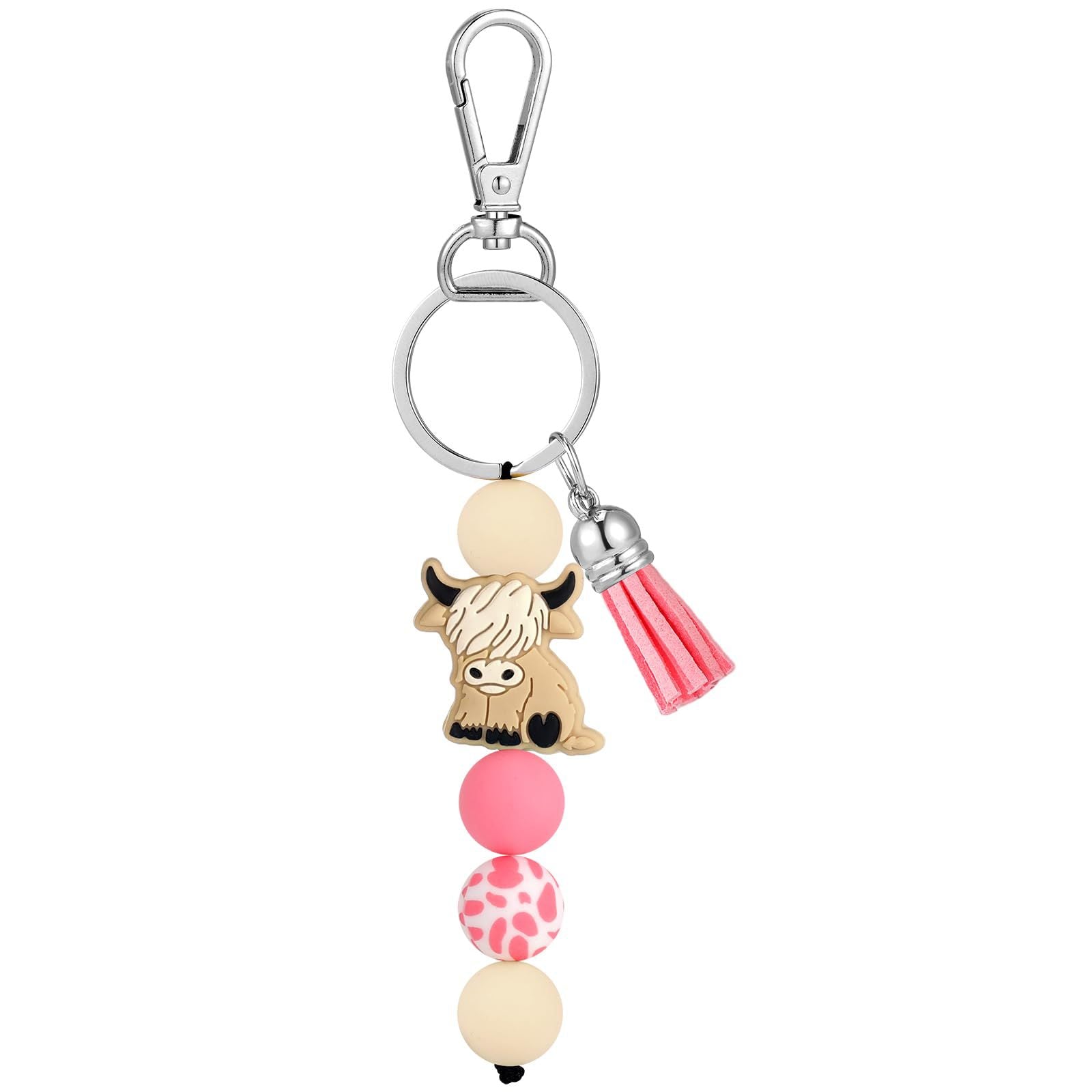 Wholesale Stylish Yak Cow Silicone Bead Tassel Keychain Spot Print Mountain Cow Pendant For Backpack Car Key And Birthday Gift Giving