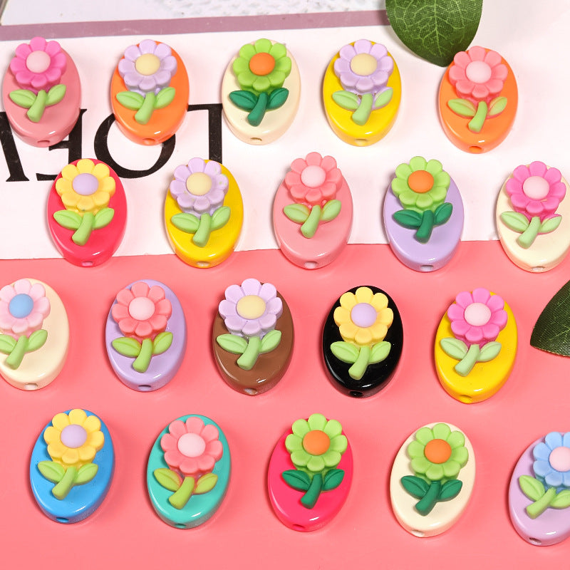 Wholesale Cute Resin Floret Oval Cartoon Flower Brand Straight Hole DIY Beads