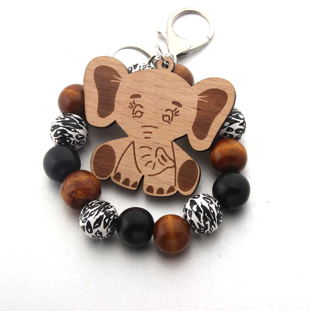 Wholesale Wooden Beads Lips Print Cartoon Elephant Highland Cattle Wrist Keychain