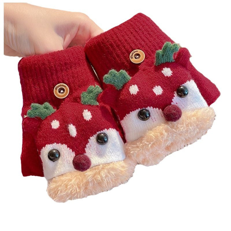 Wholesale Children's Winter Plush and Thick Flip Half Finger Knitted Cartoon Imitation Cashmere Gloves