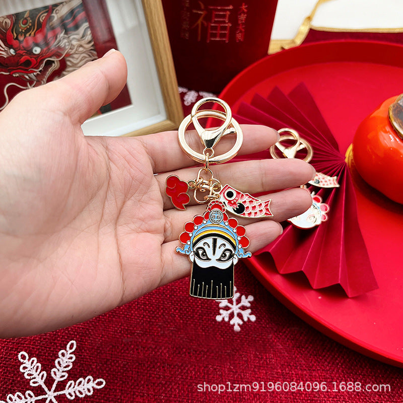 Wholesale Red auspicious cloud opera face metal keychain