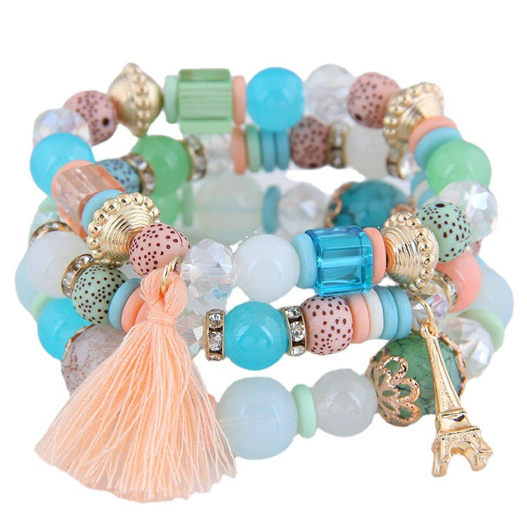Wholesale Versatile Crystal Iron Tower Tassel Bead Temperament Multilayer Combination Bracelet