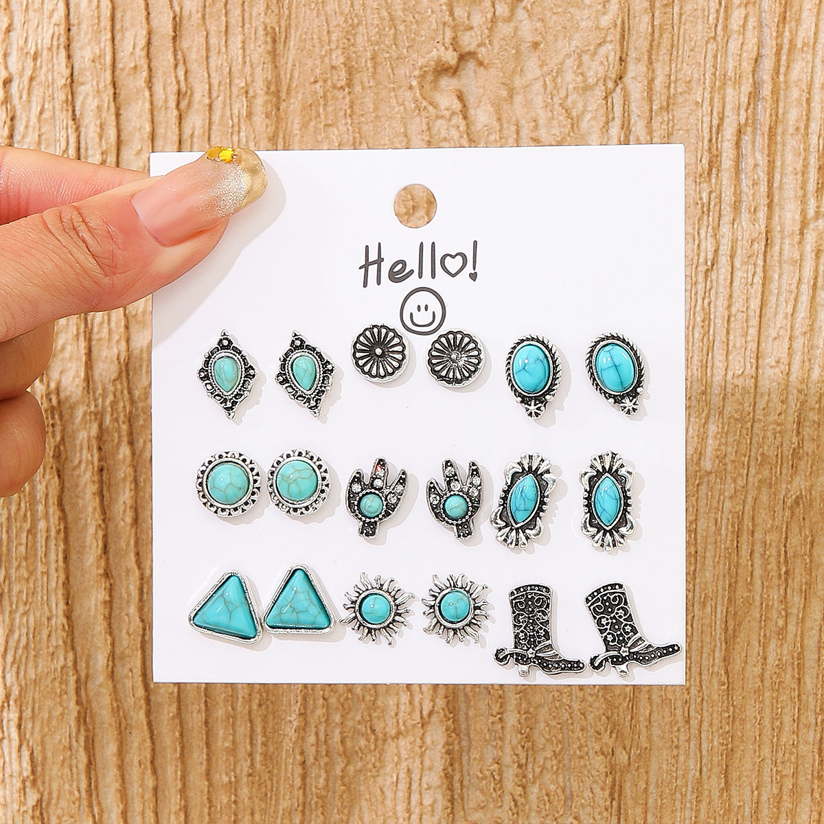 Wholesale Vintage Tibetan Floral Imitation Turquoise Earring Set 9 Pairs Geometric Boho Chic Jewelry Accessory