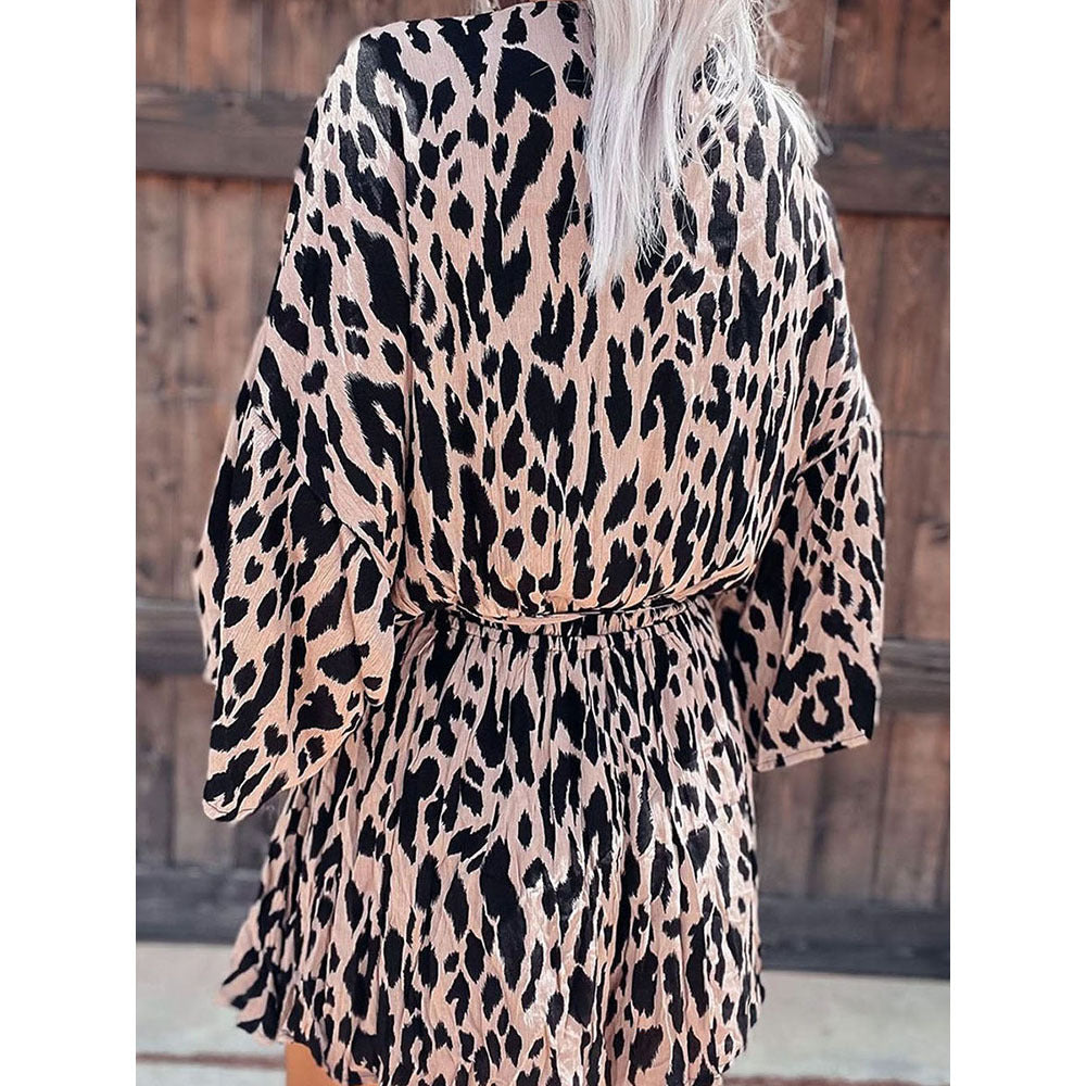 Wholesale Lantern Sleeve Leopard Print Pleated Belt Deep V Neck Woven Long Sleeve Jumpsuit