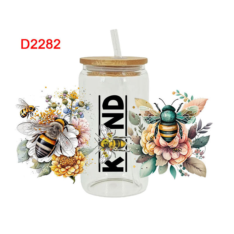 Wholesale Colorful flower bees  16oz Cup UV DTF Wraps