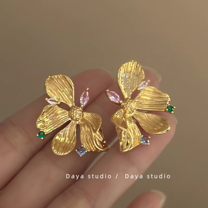 Wholesale Gold-plated Color Zircon Metal Flower Earrings