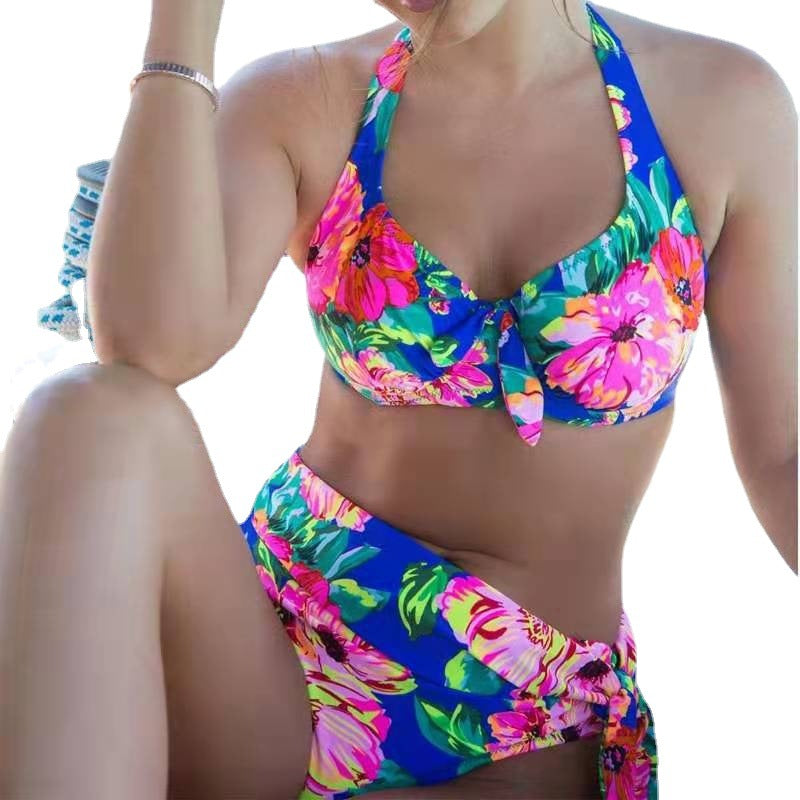 Wholesale Printed Split Steel Support Halter Neck Strap High Waist Swimwear