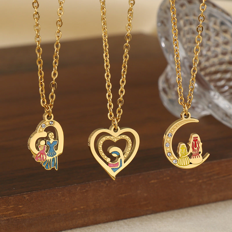 Wholesale Mother' s Day Diamond studded Hollow Moon Love Stainless Steel Necklace