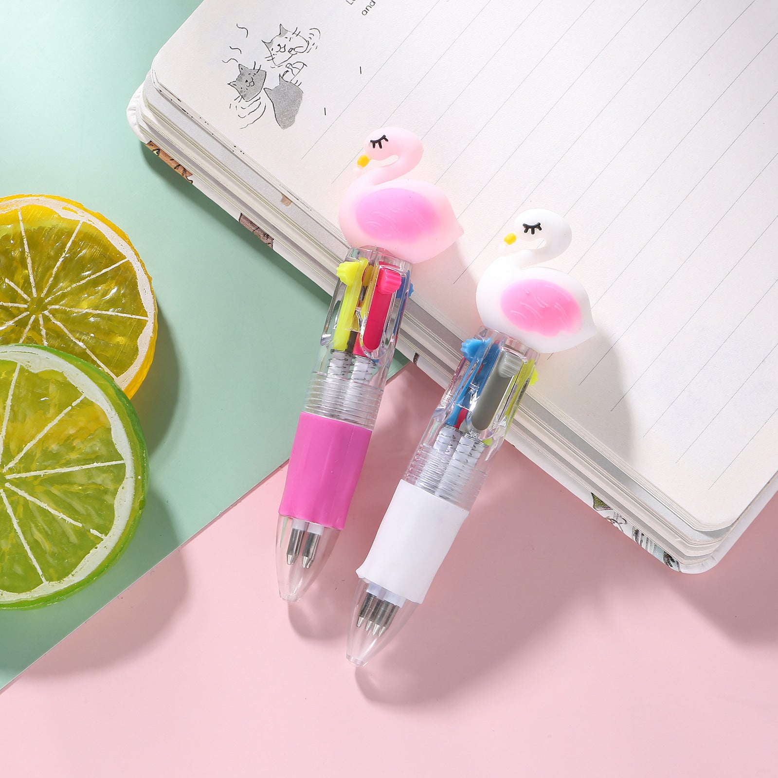 Wholesale Cartoon Cute Head Color Pushing Mini Four Color Plastic Ballpoint Pen