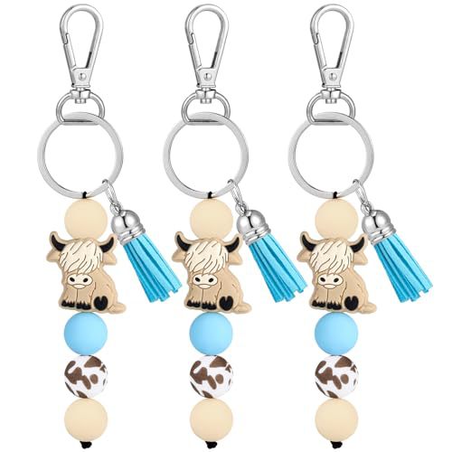 Wholesale Stylish Yak Cow Silicone Bead Tassel Keychain Spot Print Mountain Cow Pendant For Backpack Car Key And Birthday Gift Giving