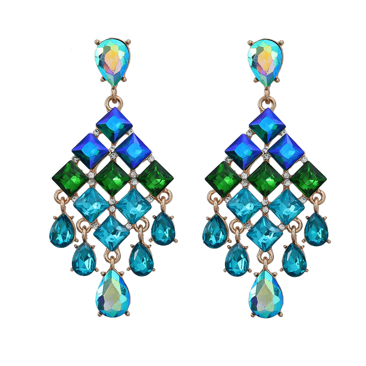 Wholesale Alloy Color Diamond Full Diamond Drop Shape Tassel Gemstone Earrings