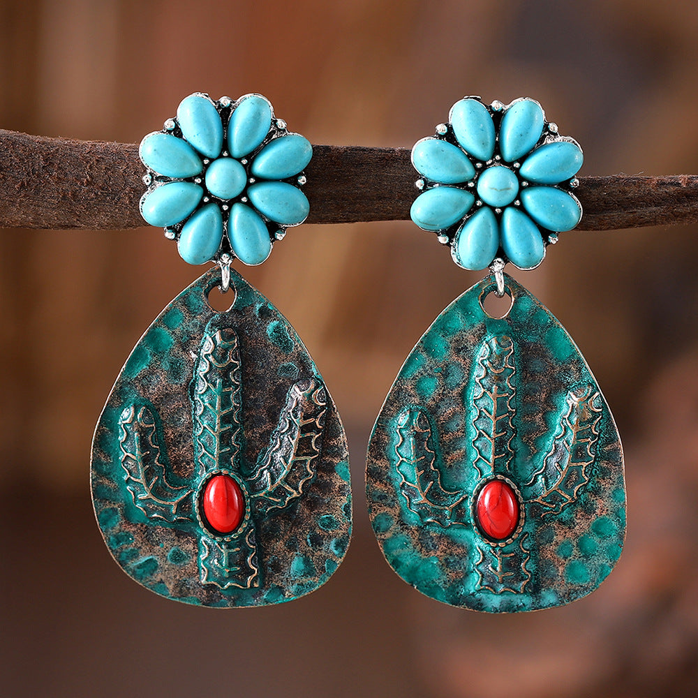 Wholesale Blue cactus inlaid turquoise teardrop earrings