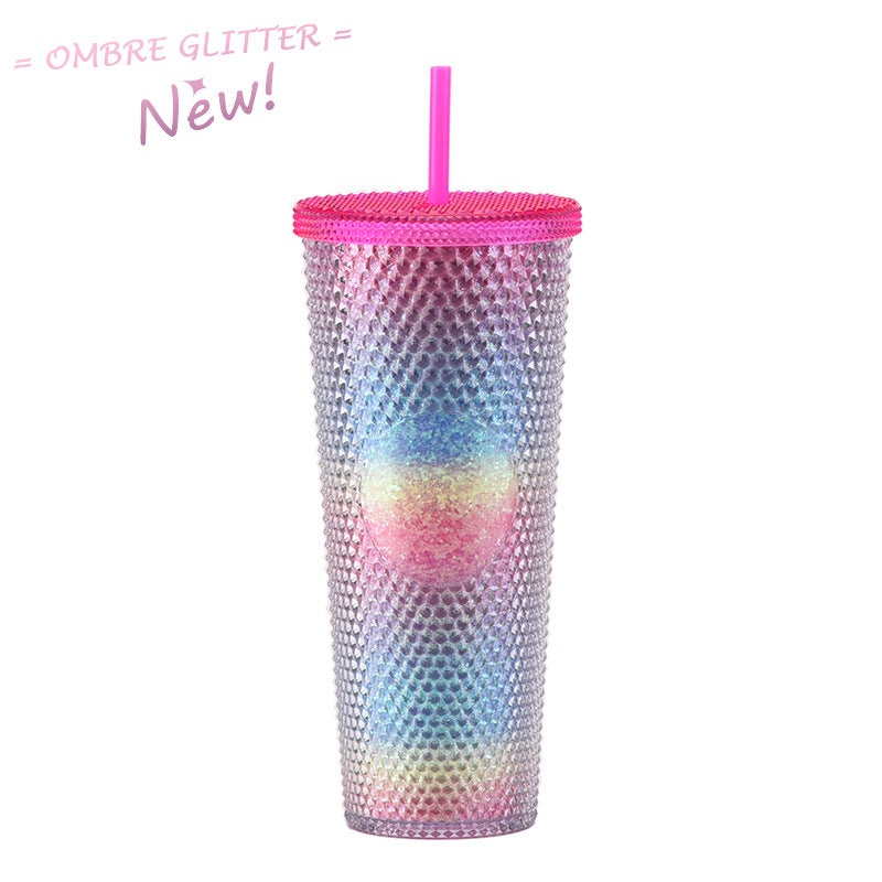 Wholesale Double-layer Plastic 710ml Durian Prick Hand Luminous Color Changing Rainbow Gradient Straw Cup
