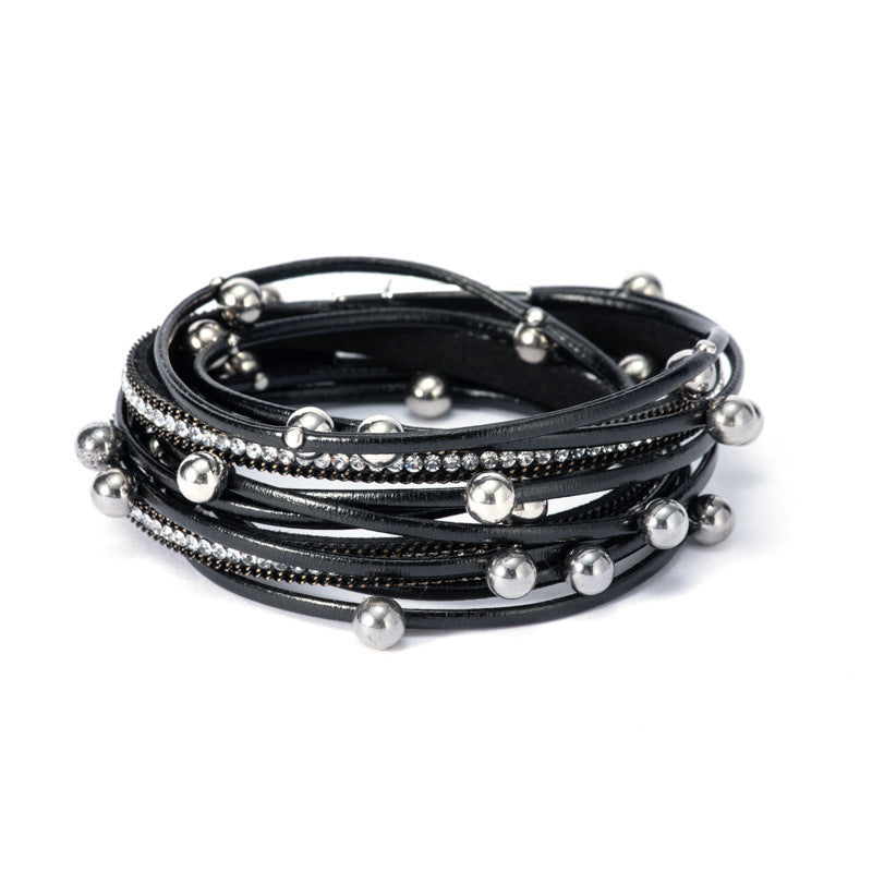 Wholesale  Two-Ring Beaded Leather Bracelet Multi-Layer Leather Bracelet Women' s