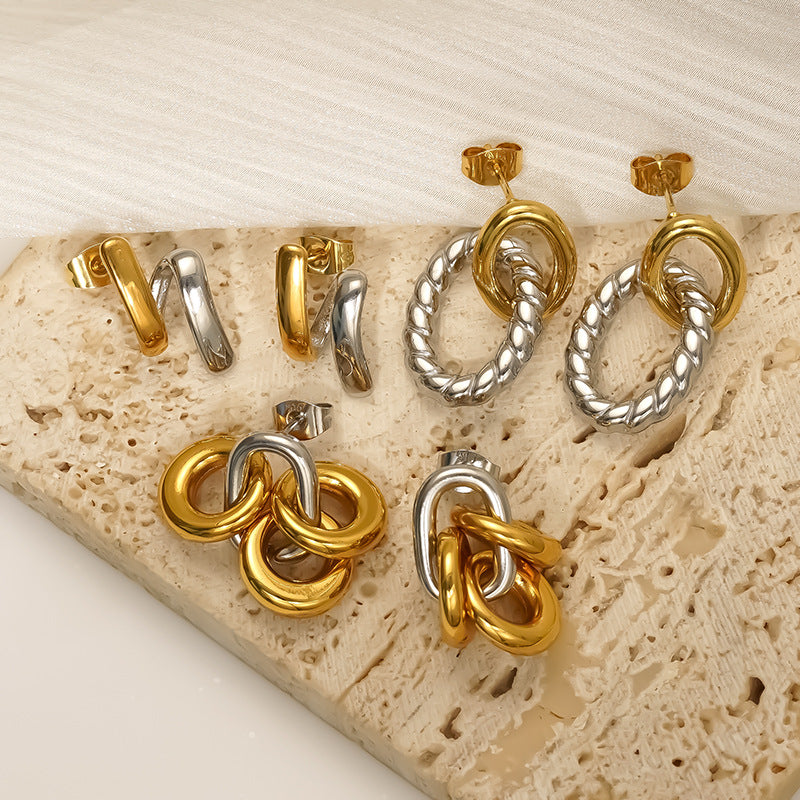 Wholesale Oval Color Matching Circle Earrings Gold and Silver Twist Chain Stainless Steel Earrings