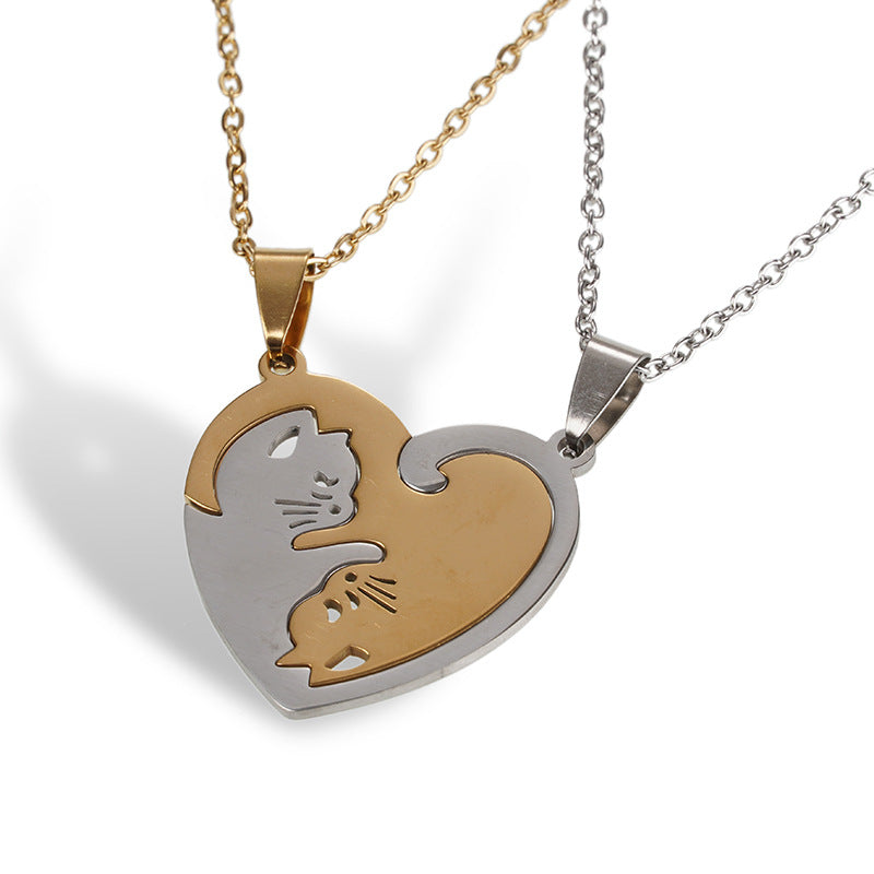 Wholesale A variety of stainless steel black and white cat pendant lovers necklace creative hug shape stitching Valentine's Day