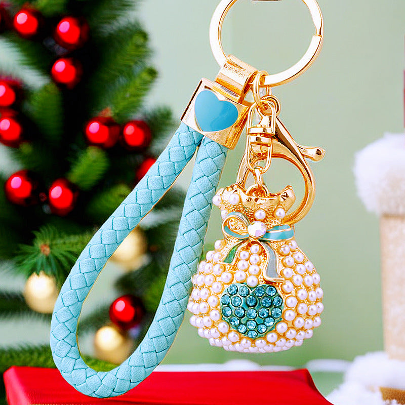 Wholesale Metal Pearl Heart Lucky Bag Keychain Cute Car Key Accessory Bag Charm For Women Gift